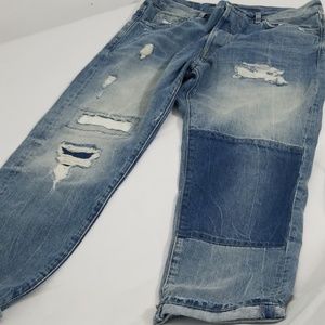 Men's cropped distressed patchwork jeans